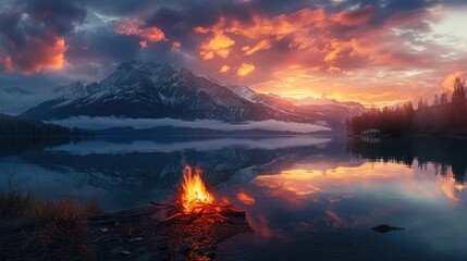 Twilight campfire at high snow capped mountains in most beautiful multi colored sky in mountain...