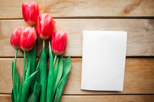 Pink tulips and white mockup blank on wooden background. Flat lay, top view, copy space. Women's Day or Mother's Day greeting card