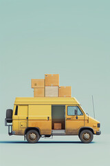a yellow delivery van with a bunch of boxes in it in 
