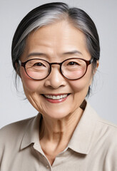 Obraz premium Elderly Asian woman smiling in glasses against white background