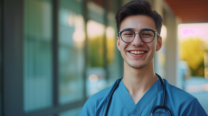 young male nursing student laughing in the hallway at school
