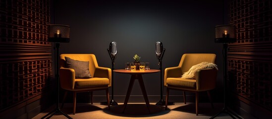 Two chairs and microphones in podcast