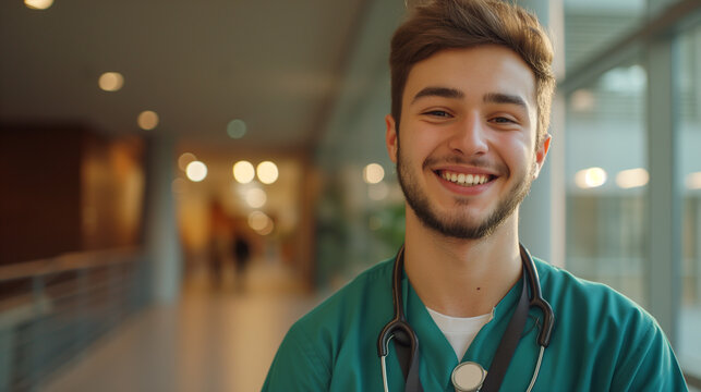 young male nursing student laughing in the hallway at school