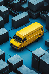 a yellow van is parked on a blue background with blac