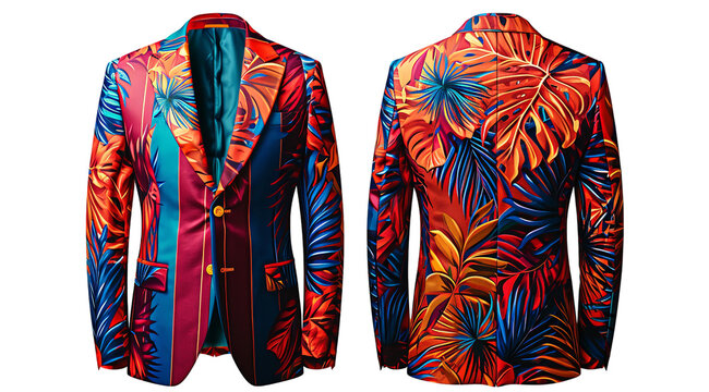  Vibrant suit with motley pattern, mock up set, front and back view, isolated on transparent background png, flowers clothes pattern.