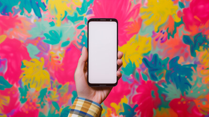 Close-up of a hand gripping a mobile phone with a white display ready for customization, mockup
