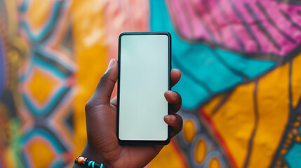 Close-up of a hand gripping a mobile phone with a white display ready for customization, mockup