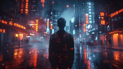 Fototapeta premium Man wearing wiring diagrams tuxedo in the street at night in a futuristic city with neon lighting. Generative AI.