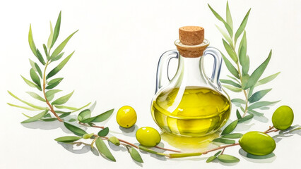 Olive oil banner, white background, copy space. Olive oil in a glass bottle and olive branches with leaves. Watercolor illustration