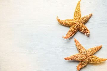 Two starfishes on wooden background. Summer vacation concept. Copy space for the text