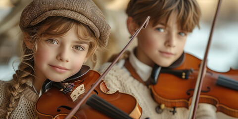 Two children playing violin. Generative AI.