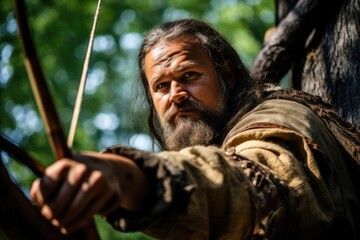 Obraz premium A man with a long beard holds a bow and arrow, ready for action.