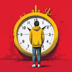 young man in comics style in front of a clock - 735229046