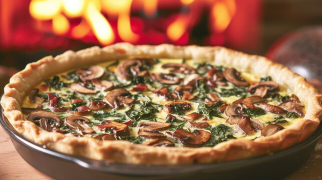 Dive into a warm and comforting quiche filled with tender mushrooms and earthy spinach while the flickering flames in the background add a touch of magic to the meal.