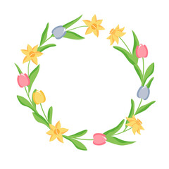 Gentle spring wreath of flowers. Easter round text frame. Tulips and daffodils border decoration for a holiday card on a white background.