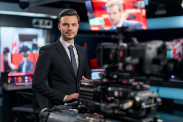 Male host presenting daily news and latest events on live television channel in newsroom studio