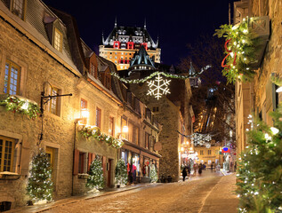 
Quebec City skyline in winter, Sous-le -Fort Street illuminated at night, Canada
