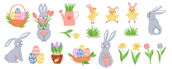Big easter set of cute characters and holiday decor. Vector decoration collection: eggs, rabbit, basket, chick, spring grass. Spring garden flowers.