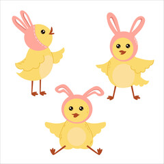 Obraz na płótnie Canvas Cute chickens in bunny hats with long ears. Happy Easter cartoon characters collection on a white background. Set for Easter card.