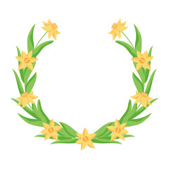 Daffodils spring wreath. Easter round text frame. Flowers border decoration for holiday card on white background.