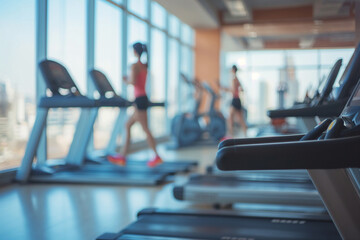 Fototapeta premium blurred people in gym, treadmills in a fitness club, other exercise equipment in the background, near panoramic windows overlooking the city