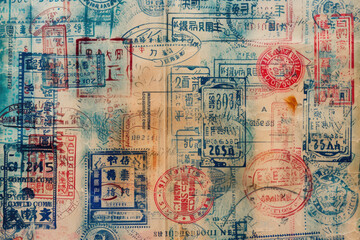 Travel background with different passport stamps.