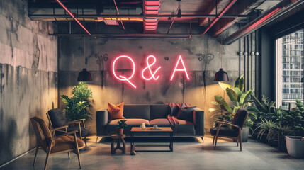 Modern room with neon sign with the letters Q and A in the background, set for interviews broadcasting or blogging for filming or recording platform channel. Interior space for questions and answers