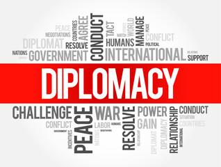 Diplomacy - the profession, activity, or skill of managing international relations, typically by a country's representatives abroad, word cloud concept background
