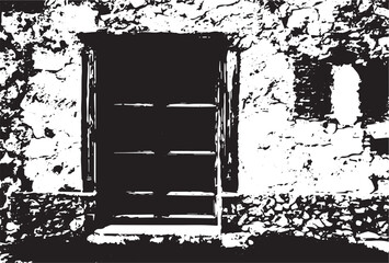 Old brick wall with boarded up wooden boards window. Wall of an abandoned ruined building