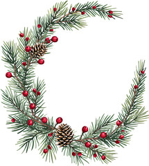 Decorative watercolor wreath isolated on transparent background adorned with pine branches, cones, holly, and red berries. Seasonal decorations and a wreath for the holidays.