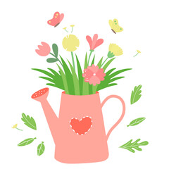 Cute watering can with a bouquet of flowers. Colorful spring, summer herbs and flowers, butterflies in doodle cartoon style.