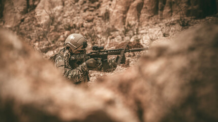 Soldiers of special forces on wars at the desert,Thailand people,Army soldier Patrolled the front...