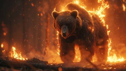A bear in a burning forest. Danger of forest fires for wild animalsgenerative ai - obrazy, fototapety, plakaty