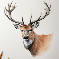 Hand-drawn Colored Pencil Sketch of Stag Deer on Paper
