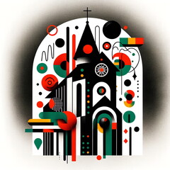 black silhouette of a church, adorned with various shapes and doodle brushstroke elements in red, green