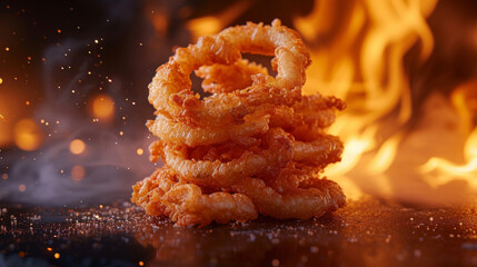 Tantalizing fried onion straws surrounded by a fiery backdrop offer a perfect balance of crunch and flavor.