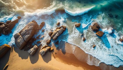 Fototapeta premium Aerial view of seascape. Blue ocean water with waves in sunny day. Beautiful sandy beach.