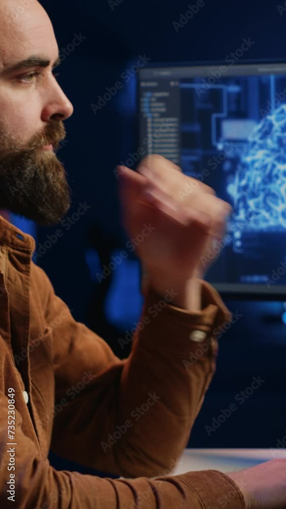 Poster computer scientist updating artificial intelligence neural networks, drinking coffee and writing cod