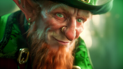 Wise-looking leprechaun with green jacket and hat, ginger beard, and mischievous smile, set against mystical green glow for Saint Patrick's Day. - obrazy, fototapety, plakaty