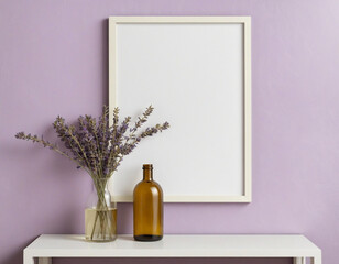 White frame with lavender bouquet on lilac wall, glass bottle Display Mockup