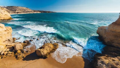 Fototapeta na wymiar Aerial view of seascape. Blue ocean water with waves in sunny day. Beautiful sandy beach.