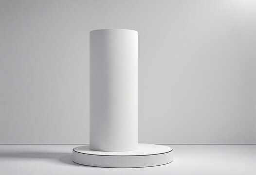 Realistic white 3D cylinder pedestal podium with circles texture on the wall background