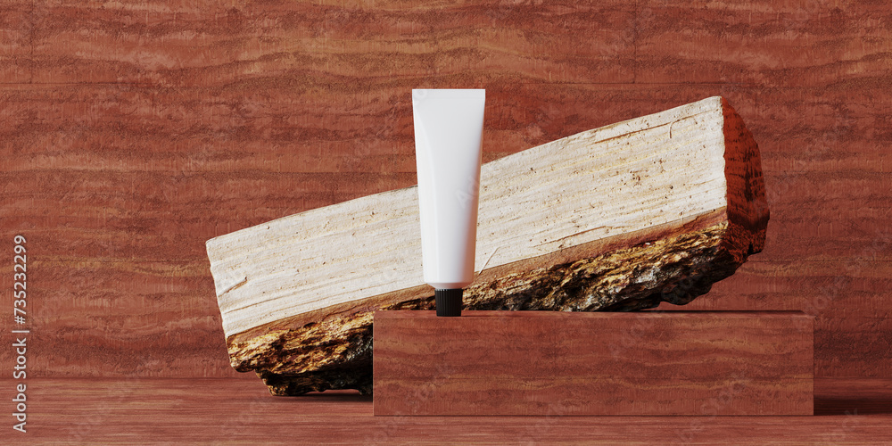 Aufkleber minimal mockup concept for cosmetic product presentation. clay rammed earth podium on red background