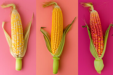 an image of three corn cobs on a pink background in t