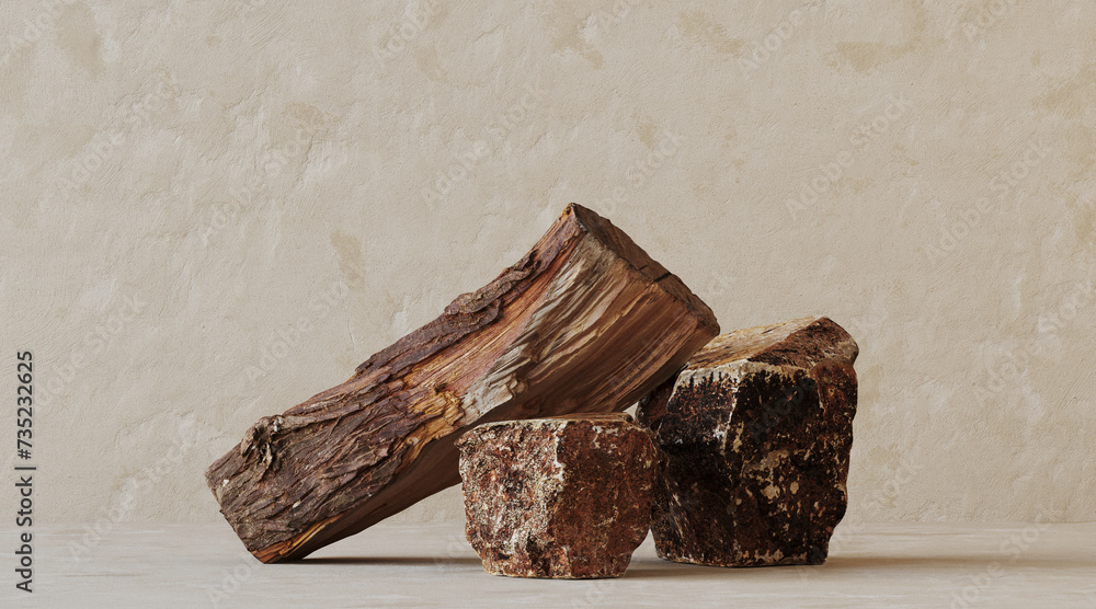Poster minimal mockup concept for cosmetic product presentation. firewood and stone podium on beige backgro