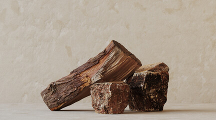 Minimal mockup concept for cosmetic product presentation. Firewood and stone podium on beige background. Clipping path of each element included. 3d rendering illustration. 