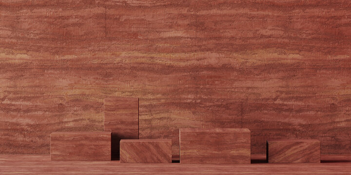 Minimal mockup concept for cosmetic product presentation. Clay Rammed Earth podium on red background. Clipping path of each element included. 3d rendering illustration. 