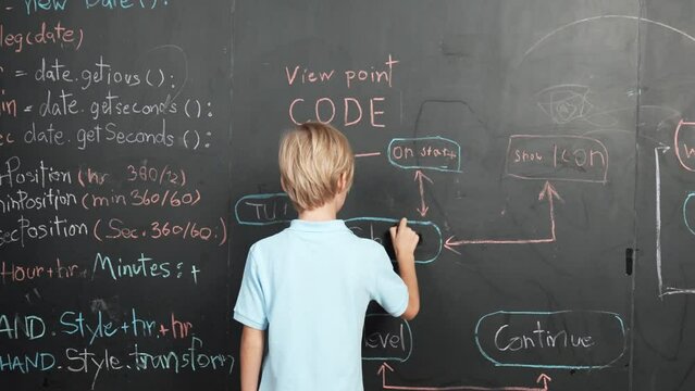 Back view of student writing engineering prompt on blackboard. Handsome clever child or boy planing a project by using coding and programing system in STEM technology classroom. Closeup. Erudition.