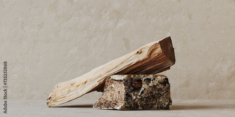 Poster minimal mockup concept for cosmetic product presentation. firewood podium on beige background. clipp