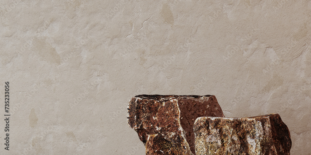 Poster minimal mockup concept for cosmetic product presentation. stone podium on beige background. clipping